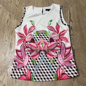 Love‎ Moschino Large White Floral Print Sleeveless Beaded Tank Top Made in Italy